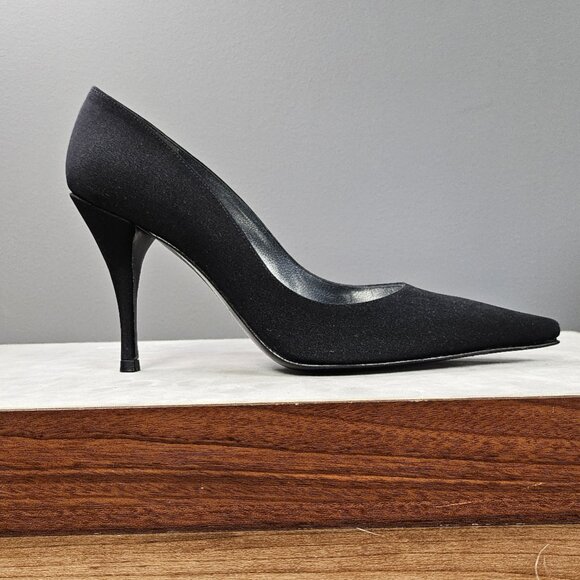 Stuart Weitzman Black Matte Satin Pointed Toe Pumps - Picture 1 of 5